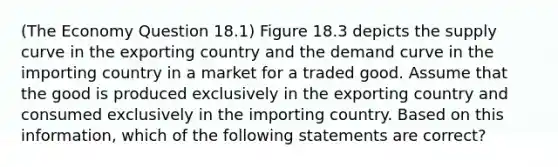 (The Economy Question 18.1) Figure 18.3 depicts the supply curve in the exporting country and the demand curve in the importing country in a market for a traded good. Assume that the good is produced exclusively in the exporting country and consumed exclusively in the importing country. Based on this information, which of the following statements are correct?