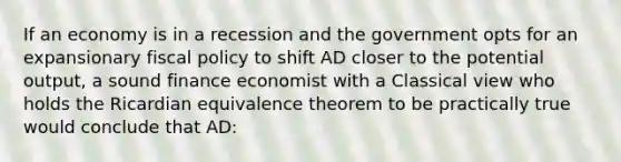 If an economy is in a recession and the government opts for an expansionary fiscal policy to shift AD closer to the potential output, a sound finance economist with a Classical view who holds the Ricardian equivalence theorem to be practically true would conclude that AD: