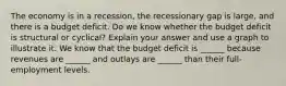 The economy is in a​ recession, the recessionary gap is​ large, and there is a budget deficit. Do we know whether the budget deficit is structural or​ cyclical? Explain your answer and use a graph to illustrate it. We know that the budget deficit is​ ______ because revenues are​ ______ and outlays are​ ______ than their​ full-employment levels.