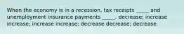 When the economy is in a recession, tax receipts _____ and unemployment insurance payments _____. decrease; increase increase; increase increase; decrease decrease; decrease