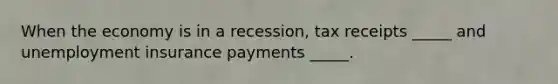 When the economy is in a recession, tax receipts _____ and unemployment insurance payments _____.