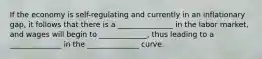 If the economy is self-regulating and currently in an inflationary gap, it follows that there is a _______________ in the labor market, and wages will begin to _____________, thus leading to a ______________ in the ______________ curve.