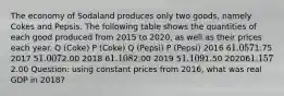 The economy of Sodaland produces only two goods, namely Cokes and Pepsis. The following table shows the quantities of each good produced from 2015 to 2020, as well as their prices each year. Q (Coke) P (Coke) Q (Pepsi) P (Pepsi) 2016 61.0571.75 2017 51.0072.00 2018 61.1082.00 2019 51.1091.50 202061.1572.00 Question: using constant prices from 2016, what was real GDP in 2018?