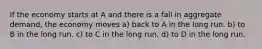 If the economy starts at A and there is a fall in aggregate demand, the economy moves a) back to A in the long run. b) to B in the long run. c) to C in the long run. d) to D in the long run.