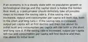 If an economy is in a steady state with no population growth or technological change and the capital stock is below the Golden Rule level: a. a policymaker should definitely take all possible steps to increase the saving rate b. if the saving rate is increased, output and consumption per capita will both rise, both in the short and long runs c. if the saving rate is increased, output per capita will at first decline and then rise above its initial level and consumption per capita will rise both in the short and long runs d. if the saving rate is increased, output per capita will rise and consumption per capita will first decline and then rise above its initial level