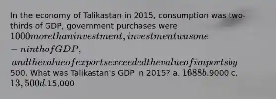 In the economy of Talikastan in 2015, consumption was two-thirds of GDP, government purchases were 1000 more than investment, investment was one-ninth of GDP, and the value of exports exceeded the value of imports by500. What was Talikastan's GDP in 2015? a. 1688 b.9000 c. 13,500 d.15,000