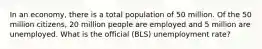 In an economy, there is a total population of 50 million. Of the 50 million citizens, 20 million people are employed and 5 million are unemployed. What is the official (BLS) unemployment rate?