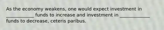 As the economy weakens, one would expect investment in ____________ funds to increase and investment in _____________ funds to decrease, ceteris paribus.