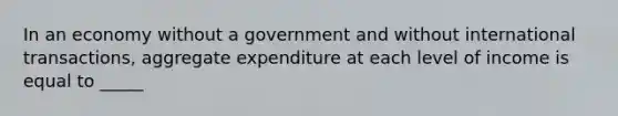 In an economy without a government and without international transactions, aggregate expenditure at each level of income is equal to _____