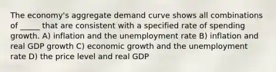 The economy's aggregate demand curve shows all combinations of _____ that are consistent with a specified rate of spending growth. A) inflation and the <a href='https://www.questionai.com/knowledge/kh7PJ5HsOk-unemployment-rate' class='anchor-knowledge'>unemployment rate</a> B) inflation and real GDP growth C) economic growth and the unemployment rate D) the price level and real GDP