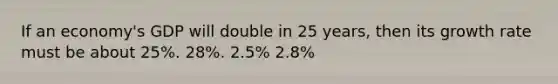 If an economy's GDP will double in 25 years, then its growth rate must be about 25%. 28%. 2.5% 2.8%