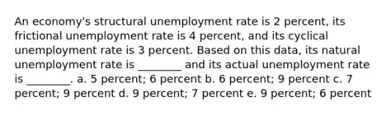 An economy's structural unemployment rate is 2 percent, its frictional unemployment rate is 4 percent, and its cyclical unemployment rate is 3 percent. Based on this data, its natural unemployment rate is ________ and its actual unemployment rate is ________. a. 5 percent; 6 percent b. 6 percent; 9 percent c. 7 percent; 9 percent d. 9 percent; 7 percent e. 9 percent; 6 percent