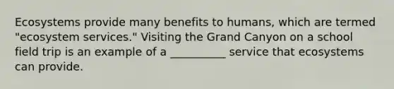 Ecosystems provide many benefits to humans, which are termed "ecosystem services." Visiting the Grand Canyon on a school field trip is an example of a __________ service that ecosystems can provide.