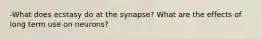 -What does ecstasy do at the synapse? What are the effects of long term use on neurons?