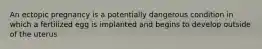 An ectopic pregnancy is a potentially dangerous condition in which a fertilized egg is implanted and begins to develop outside of the uterus
