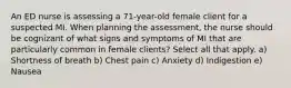 An ED nurse is assessing a 71-year-old female client for a suspected MI. When planning the assessment, the nurse should be cognizant of what signs and symptoms of MI that are particularly common in female clients? Select all that apply. a) Shortness of breath b) Chest pain c) Anxiety d) Indigestion e) Nausea