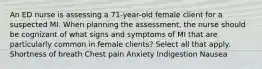 An ED nurse is assessing a 71-year-old female client for a suspected MI. When planning the assessment, the nurse should be cognizant of what signs and symptoms of MI that are particularly common in female clients? Select all that apply. Shortness of breath Chest pain Anxiety Indigestion Nausea