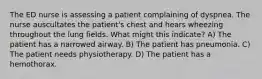 The ED nurse is assessing a patient complaining of dyspnea. The nurse auscultates the patient's chest and hears wheezing throughout the lung fields. What might this indicate? A) The patient has a narrowed airway. B) The patient has pneumonia. C) The patient needs physiotherapy. D) The patient has a hemothorax.