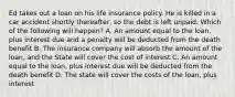 Ed takes out a loan on his life insurance policy. He is killed in a car accident shortly thereafter, so the debt is left unpaid. Which of the following will happen? A. An amount equal to the loan, plus interest due and a penalty will be deducted from the death benefit B. The insurance company will absorb the amount of the loan, and the State will cover the cost of interest C. An amount equal to the loan, plus interest due will be deducted from the death benefit D. The state will cover the costs of the loan, plus interest