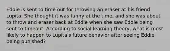 Eddie is sent to time out for throwing an eraser at his friend Lupita. She thought it was funny at the time, and she was about to throw and eraser back at Eddie when she saw Eddie being sent to timeout. According to social learning theory, what is most likely to happen to Lupita's future behavior after seeing Eddie being punished?