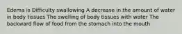 Edema is Difficulty swallowing A decrease in the amount of water in body tissues The swelling of body tissues with water The backward flow of food from the stomach into the mouth