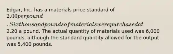 Edgar, Inc. has a materials price standard of 2.00 per pound. Six thousand pounds of materials were purchased at2.20 a pound. The actual quantity of materials used was 6,000 pounds, although the standard quantity allowed for the output was 5,400 pounds.