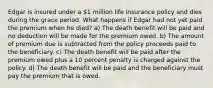 Edgar is insured under a 1 million life insurance policy and dies during the grace period. What happens if Edgar had not yet paid the premium when he died? a) The death benefit will be paid and no deduction will be made for the premium owed. b) The amount of premium due is subtracted from the policy proceeds paid to the beneficiary. c) The death benefit will be paid after the premium owed plus a 10 percent penalty is charged against the policy. d) The death benefit will be paid and the beneficiary must pay the premium that is owed.