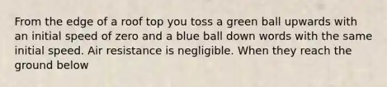 From the edge of a roof top you toss a green ball upwards with an initial speed of zero and a blue ball down words with the same initial speed. Air resistance is negligible. When they reach the ground below