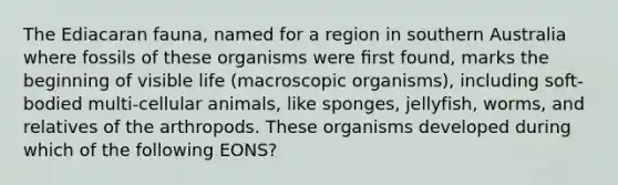 The Ediacaran fauna, named for a region in southern Australia where fossils of these organisms were ﬁrst found, marks the beginning of visible life (macroscopic organisms), including soft-bodied multi-cellular animals, like sponges, jellyfish, worms, and relatives of the arthropods. These organisms developed during which of the following EONS?