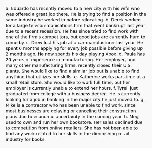 a. Eduardo has recently moved to a new city with his wife who was offered a great job there. He is trying to find a position in the same industry he worked in before relocating. b. Derek worked for a large telecommunications firm that went bankrupt last year due to a recent recession. He has since tried to find work with one of the firm's competitors, but good jobs are currently hard to come by. c. Drew lost his job at a car manufacturer last year. He spent 6 months applying for every job possible before giving up 2 months ago. He now spends his day playing Xbox. d. Paula has 20 years of experience in manufacturing. Her employer, and many other manufacturing firms, recently closed their U.S. plants. She would like to find a similar job but is unable to find anything that utilizes her skills. e. Katherine works part-time at a small retail store. She would like to work full-time, but her employer is currently unable to extend her hours. f. Tyrell just graduated from college with a business degree. He is currently looking for a job in banking in the major city he just moved to. g. Mike is a contractor who has been unable to find work, since most businesses are delaying or canceling their construction plans due to economic uncertainty in the coming year. h. Meg used to own and run her own bookstore. Her sales declined due to competition from online retailers. She has not been able to find any work related to her skills in the diminishing retail industry for books.