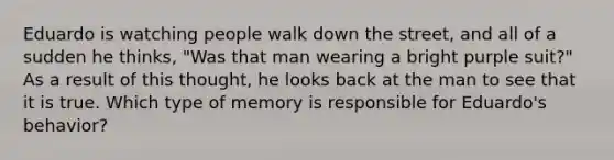 Eduardo is watching people walk down the street, and all of a sudden he thinks, "Was that man wearing a bright purple suit?" As a result of this thought, he looks back at the man to see that it is true. Which type of memory is responsible for Eduardo's behavior?