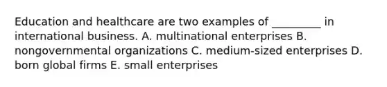 Education and healthcare are two examples of​ _________ in international business. A. multinational enterprises B. nongovernmental organizations C. ​medium-sized enterprises D. born global firms E. small enterprises