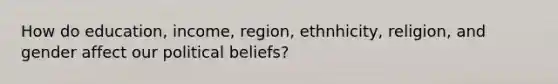 How do education, income, region, ethnhicity, religion, and gender affect our political beliefs?