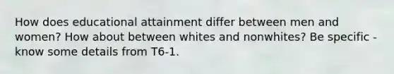 How does educational attainment differ between men and women? How about between whites and nonwhites? Be specific - know some details from T6-1.