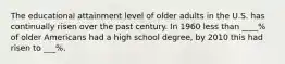 The educational attainment level of older adults in the U.S. has continually risen over the past century. In 1960 less than ____% of older Americans had a high school degree, by 2010 this had risen to ___%.