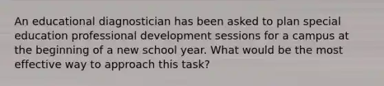 An educational diagnostician has been asked to plan special education professional development sessions for a campus at the beginning of a new school year. What would be the most effective way to approach this task?