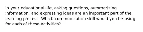 In your educational life, asking questions, summarizing information, and expressing ideas are an important part of the learning process. Which communication skill would you be using for each of these activities?