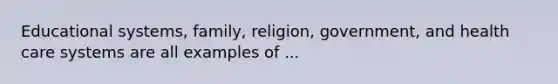 Educational systems, family, religion, government, and health care systems are all examples of ...