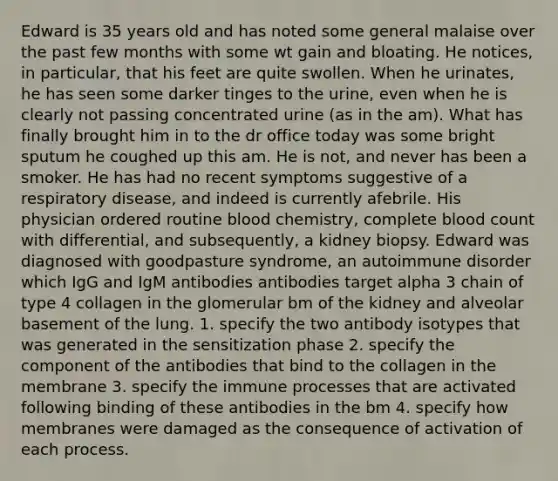 Edward is 35 years old and has noted some general malaise over the past few months with some wt gain and bloating. He notices, in particular, that his feet are quite swollen. When he urinates, he has seen some darker tinges to the urine, even when he is clearly not passing concentrated urine (as in the am). What has finally brought him in to the dr office today was some bright sputum he coughed up this am. He is not, and never has been a smoker. He has had no recent symptoms suggestive of a respiratory disease, and indeed is currently afebrile. His physician ordered routine blood chemistry, complete blood count with differential, and subsequently, a kidney biopsy. Edward was diagnosed with goodpasture syndrome, an autoimmune disorder which IgG and IgM antibodies antibodies target alpha 3 chain of type 4 collagen in the glomerular bm of the kidney and alveolar basement of the lung. 1. specify the two antibody isotypes that was generated in the sensitization phase 2. specify the component of the antibodies that bind to the collagen in the membrane 3. specify the immune processes that are activated following binding of these antibodies in the bm 4. specify how membranes were damaged as the consequence of activation of each process.