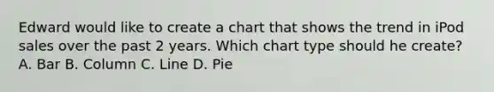 Edward would like to create a chart that shows the trend in iPod sales over the past 2 years. Which chart type should he create? A. Bar B. Column C. Line D. Pie