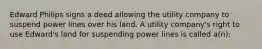 Edward Philips signs a deed allowing the utility company to suspend power lines over his land. A utility company's right to use Edward's land for suspending power lines is called a(n):