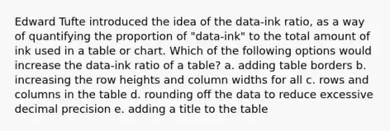 Edward Tufte introduced the idea of the data-ink ratio, as a way of quantifying the proportion of "data-ink" to the total amount of ink used in a table or chart. Which of the following options would increase the data-ink ratio of a table? a. adding table borders b. increasing the row heights and column widths for all c. rows and columns in the table d. rounding off the data to reduce excessive decimal precision e. adding a title to the table