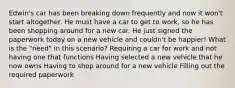 Edwin's car has been breaking down frequently and now it won't start altogether. He must have a car to get to work, so he has been shopping around for a new car. He just signed the paperwork today on a new vehicle and couldn't be happier! What is the "need" in this scenario? Requiring a car for work and not having one that functions Having selected a new vehicle that he now owns Having to shop around for a new vehicle Filling out the required paperwork