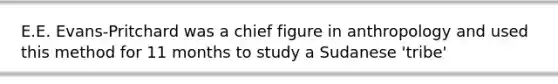 E.E. Evans-Pritchard was a chief figure in anthropology and used this method for 11 months to study a Sudanese 'tribe'