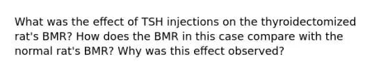 What was the eﬀect of TSH injections on the thyroidectomized rat's BMR? How does the BMR in this case compare with the normal rat's BMR? Why was this eﬀect observed?