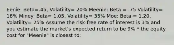 Eenie: Beta=.45, Volatility= 20% Meenie: Beta = .75 Volatility= 18% Miney: Beta= 1.05, Volatility= 35% Moe: Beta = 1.20, Volatility= 25% Assume the risk-free rate of interest is 3% and you estimate the market's expected return to be 9% * the equity cost for "Meenie" is closest to: