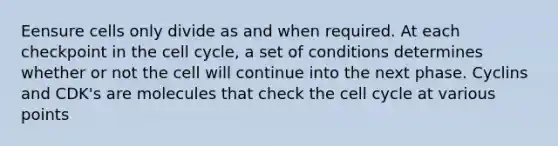 Eensure cells only divide as and when required. At each checkpoint in the cell cycle, a set of conditions determines whether or not the cell will continue into the next phase. Cyclins and CDK's are molecules that check the cell cycle at various points