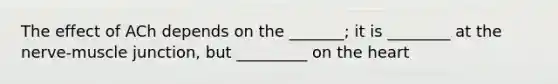 The effect of ACh depends on the _______; it is ________ at the nerve-muscle junction, but _________ on the heart