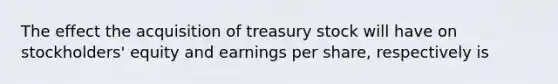 The effect the acquisition of treasury stock will have on stockholders' equity and earnings per share, respectively is