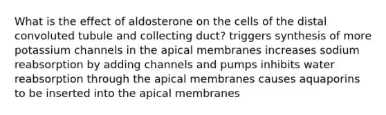 What is the effect of aldosterone on the cells of the distal convoluted tubule and collecting duct? triggers synthesis of more potassium channels in the apical membranes increases sodium reabsorption by adding channels and pumps inhibits water reabsorption through the apical membranes causes aquaporins to be inserted into the apical membranes